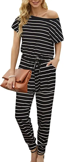 Black Summer Jumpsuit Rompers Off Shoulder for Women with Pockets Casual Elastic Waist - KAY SINN